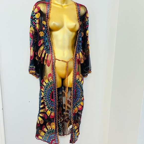 Boho bohemian colorful embroidered Sheer Kimono swim long Cover-Up - Picture 3 of 4